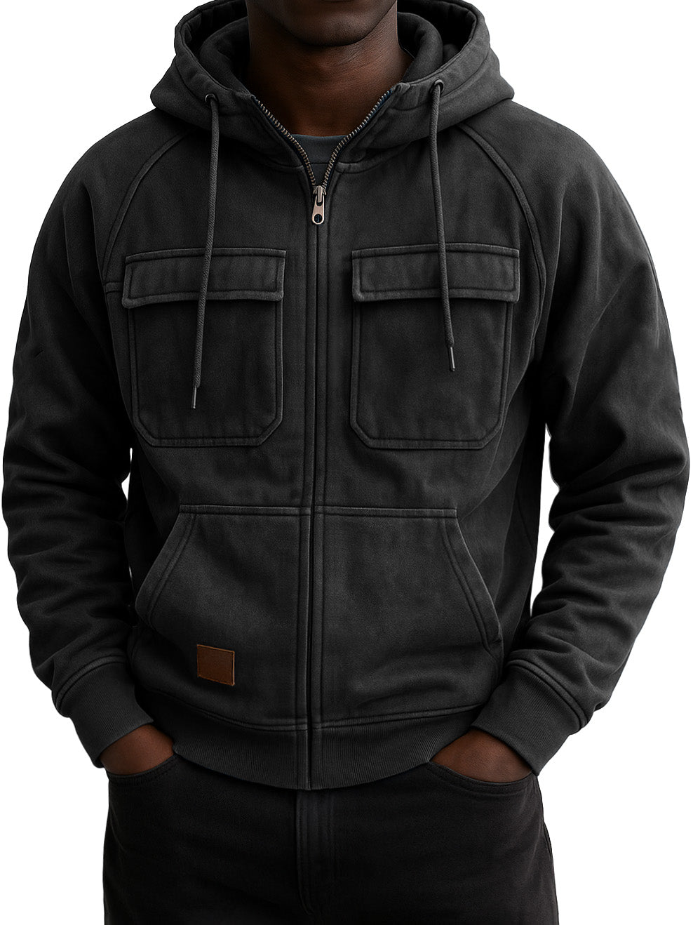 Men's Vintage Workwear Multi-pocket Zip Hooded Sweatshirt