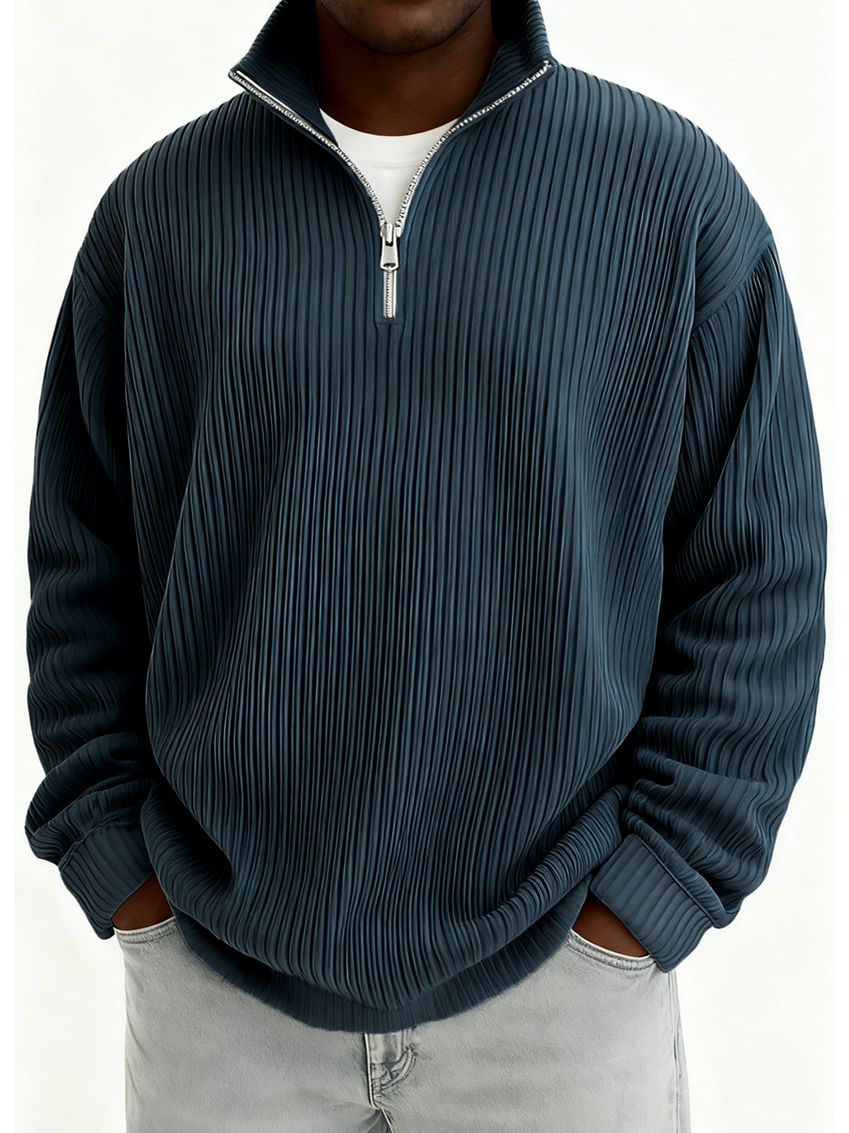 Men's Quarter-Zip Stylish Pleated Ribbed Pullover