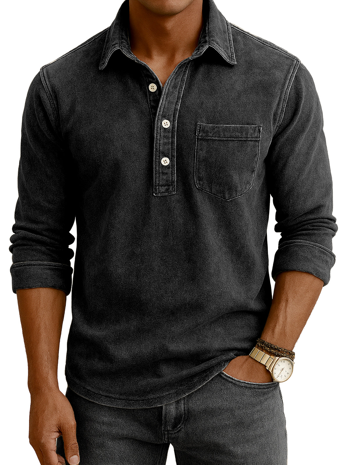 Men's Vintage Distressed Casual Daily Long-sleeve Polo Shirt with Chest Pocket