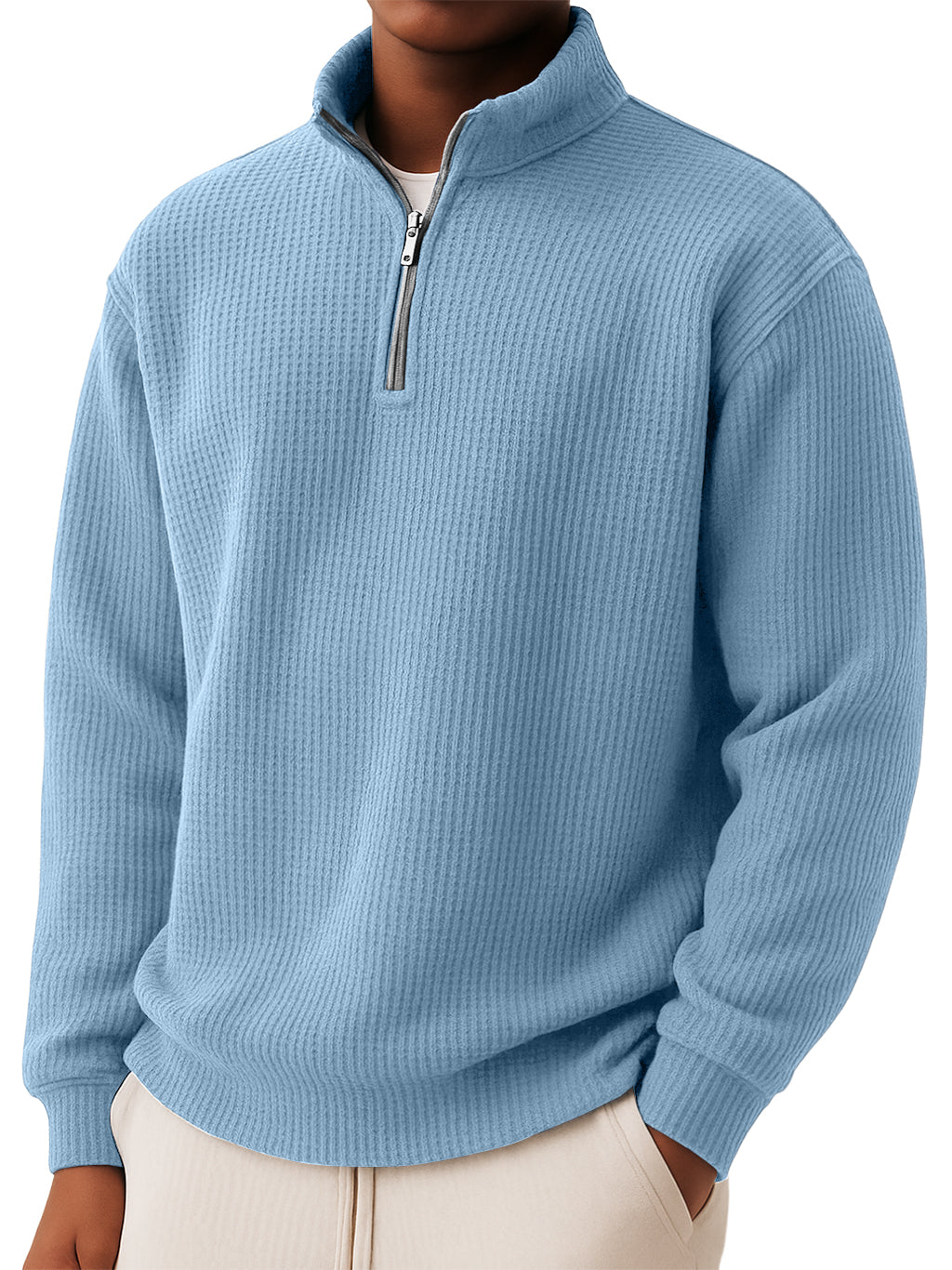 Men's Casual Simple Waffle Quarter Zip Long Sleeved T-shirt.
