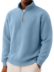 Men's Casual Simple Waffle Quarter Zip Long Sleeved T-shirt.