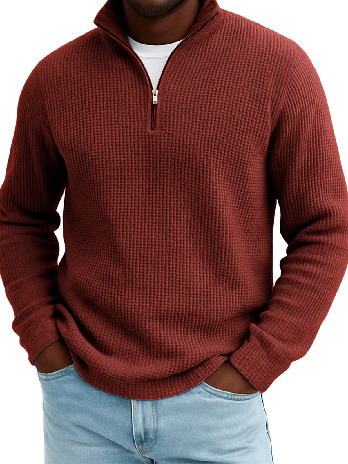Men's Quarter-zip Waffle Texture Breathable Pullover T-shirt