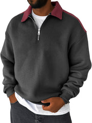 Men's Lapel Contrast Color Casual Loose Quarter Zip Sweatshirt