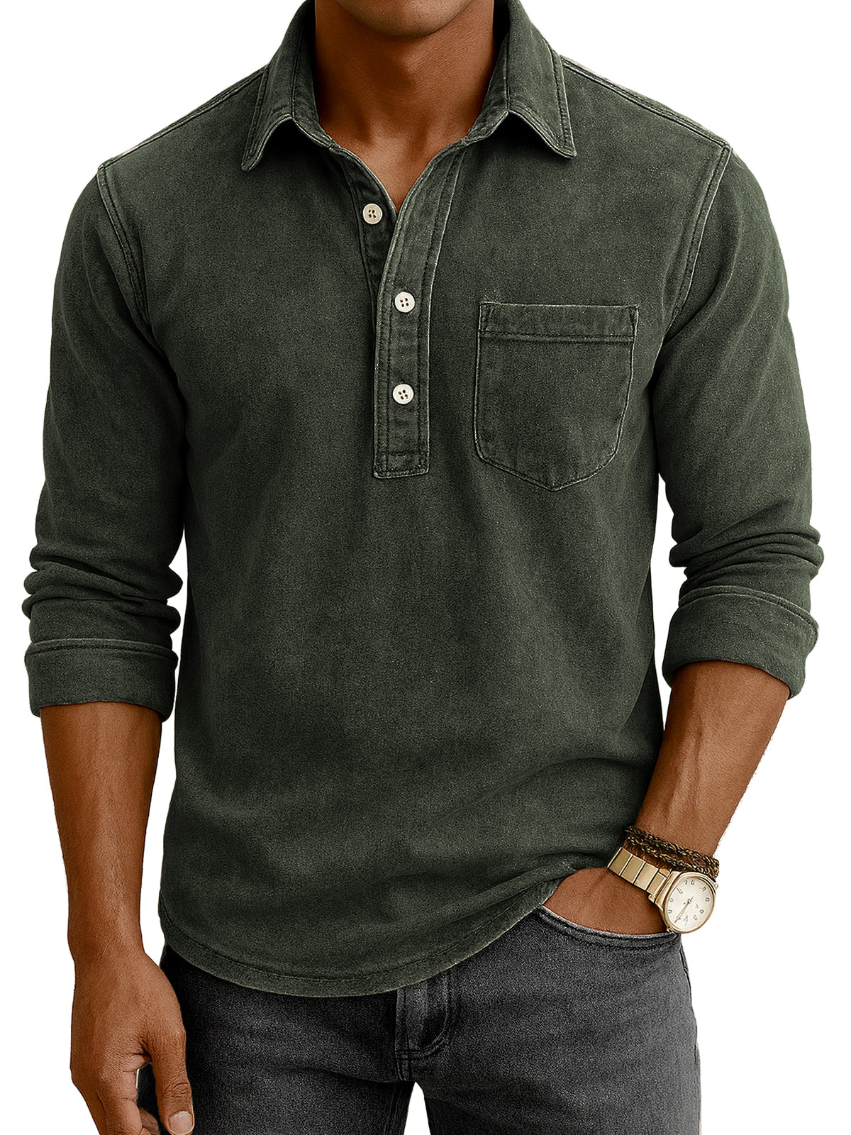 Men's Vintage Distressed Casual Daily Long-sleeve Polo Shirt with Chest Pocket
