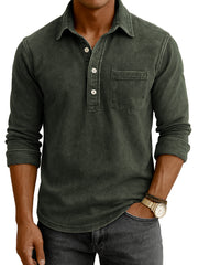Men's Vintage Distressed Casual Daily Long-sleeve Polo Shirt with Chest Pocket
