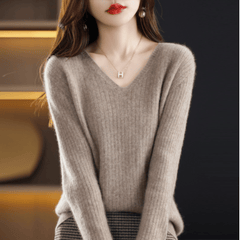 Women's V-Neck Pullover Long Sleeve Solid Color Cashmere Sweater