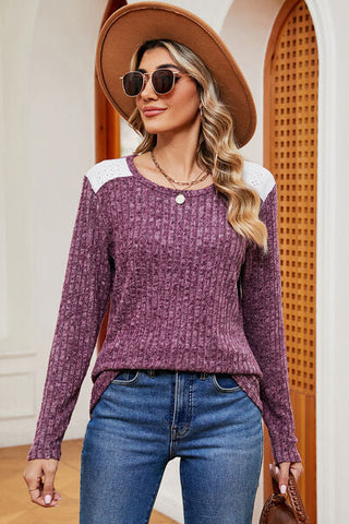 Women's Eyelet Ribbed Round Neck Long Sleeve T-Shirt