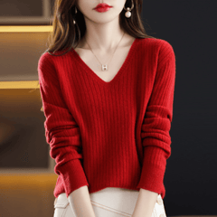 Women's V-Neck Pullover Long Sleeve Solid Color Cashmere Sweater