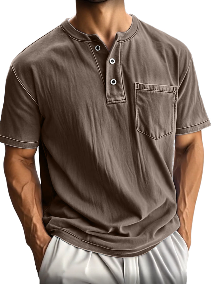 Men's Washed And Distressed Cotton Vintage Henley Collar Short-sleeved T-shirt