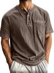 Men's Washed And Distressed Cotton Vintage Henley Collar Short-sleeved T-shirt