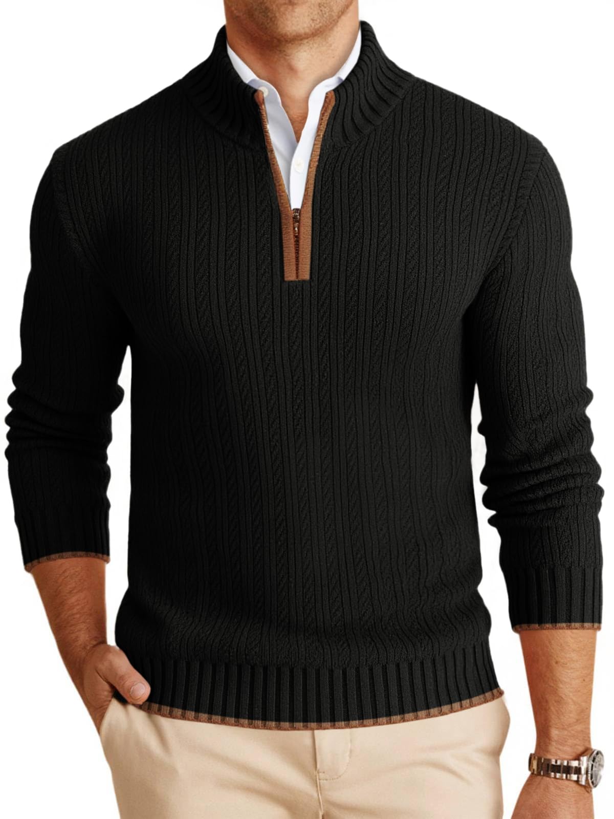 Mens Quarter-Zip Pullover Sweater Casual Mock Neck Knitted Winter Warm Ribbed Polo Sweater
