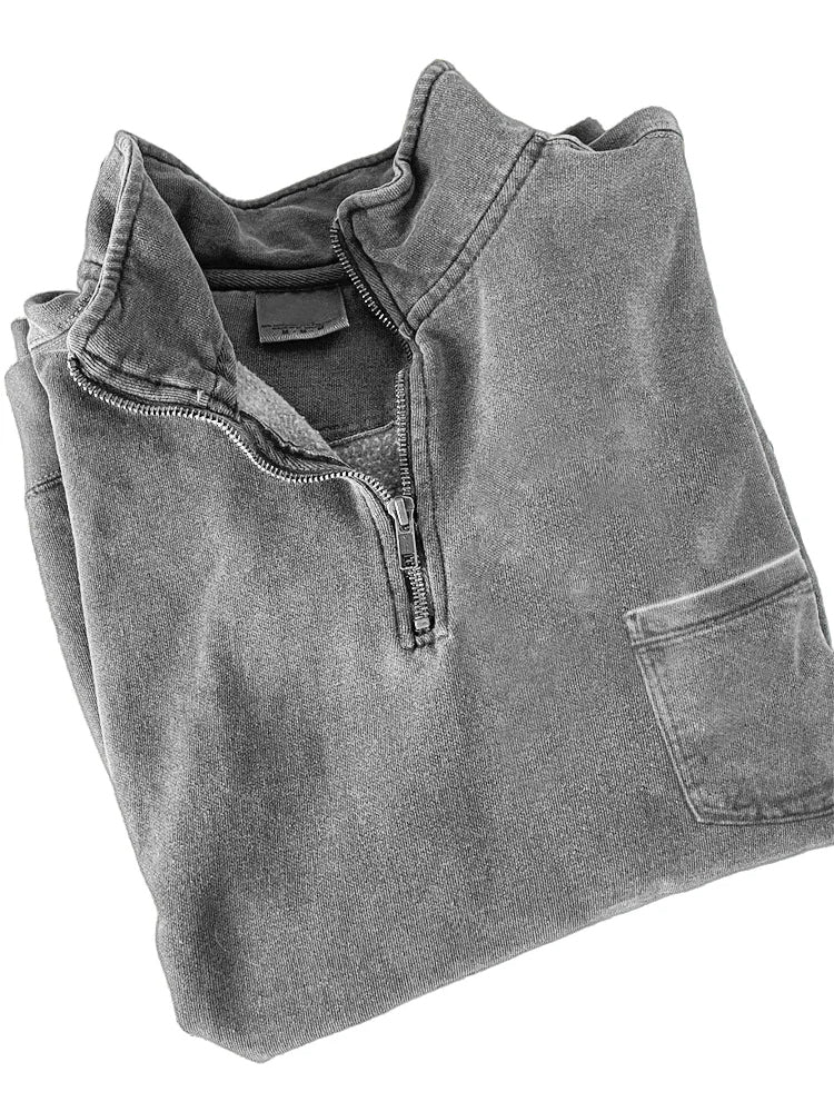 Men's Quarter-zip Distressed Washed Cotton Pocket Zippered Long-sleeved Sweatshirt