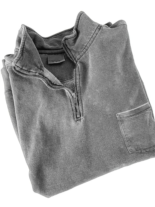 Men's Quarter-zip Distressed Washed Cotton Pocket Zippered Long-sleeved Sweatshirt