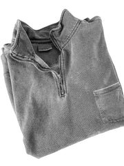 Men's Quarter-zip Distressed Washed Cotton Pocket Zippered Long-sleeved Sweatshirt