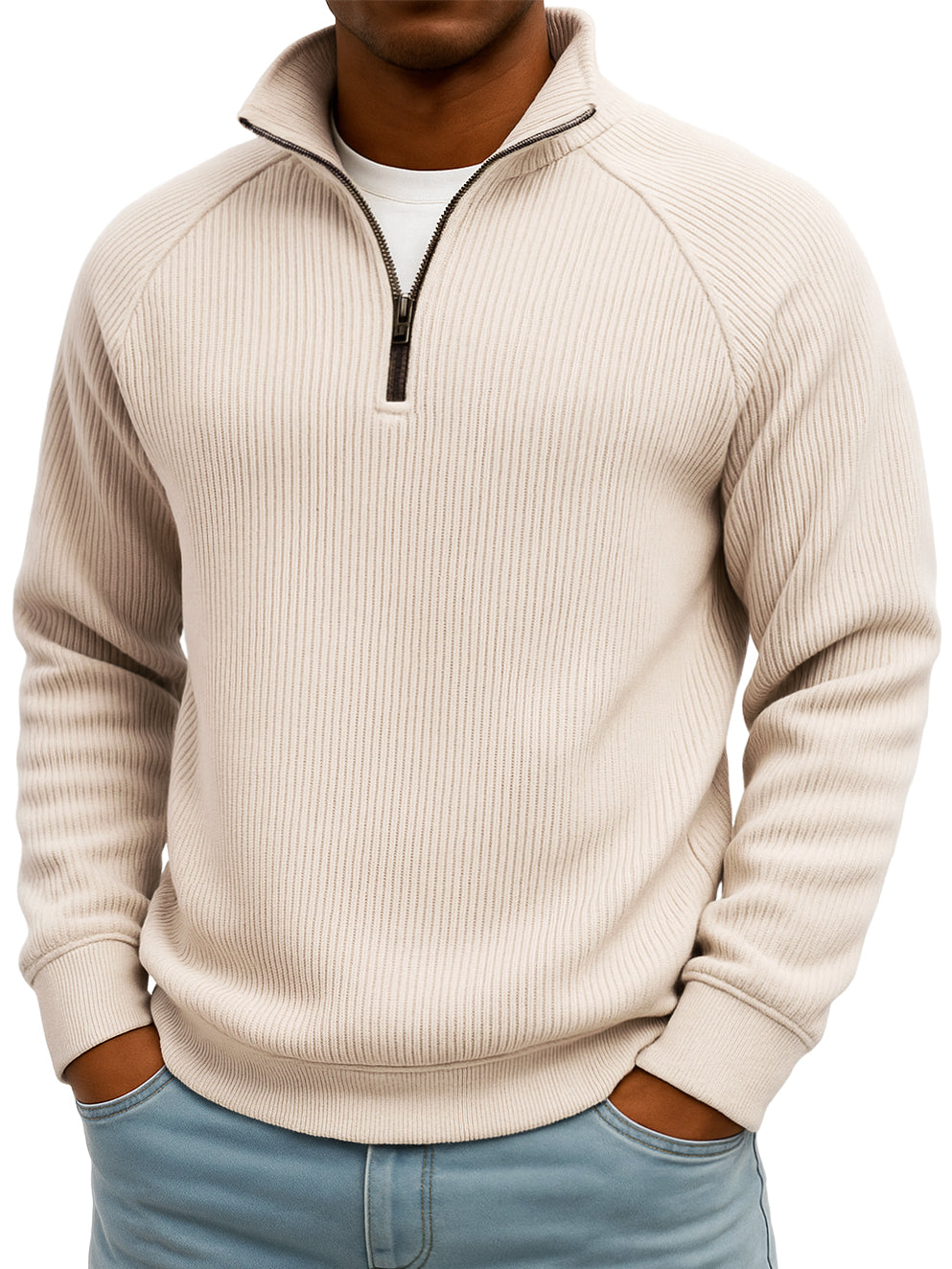 Men's Simple Casual Ribbed Stand-up Collar Quarter Zip Raglan Sleeve Sweatshirt