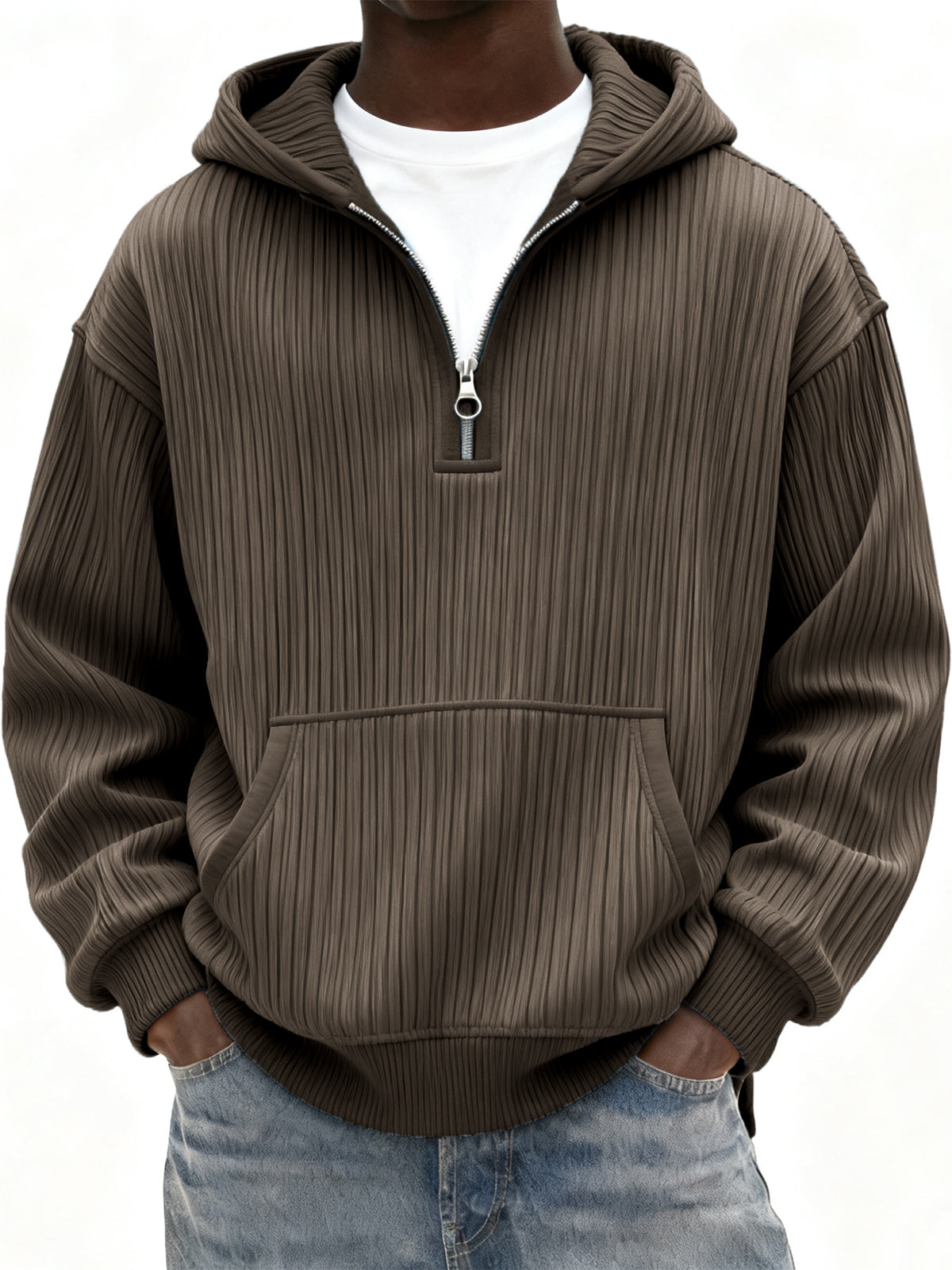 Men's Ribbed Quarter Zip Hoodie with Kangaroo Pocket