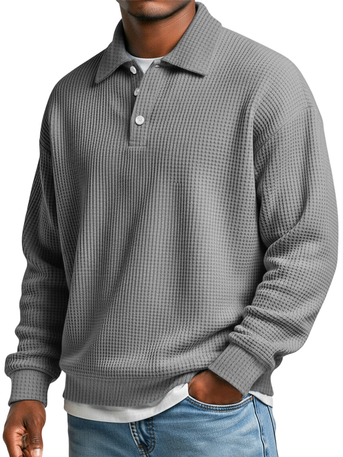 Men's Waffle Simple Lapel Button Casual Loose Polo Shirt