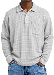 Men's Loose Simple Solid Color Waffle Long Sleeve Lapel Polo Shirt