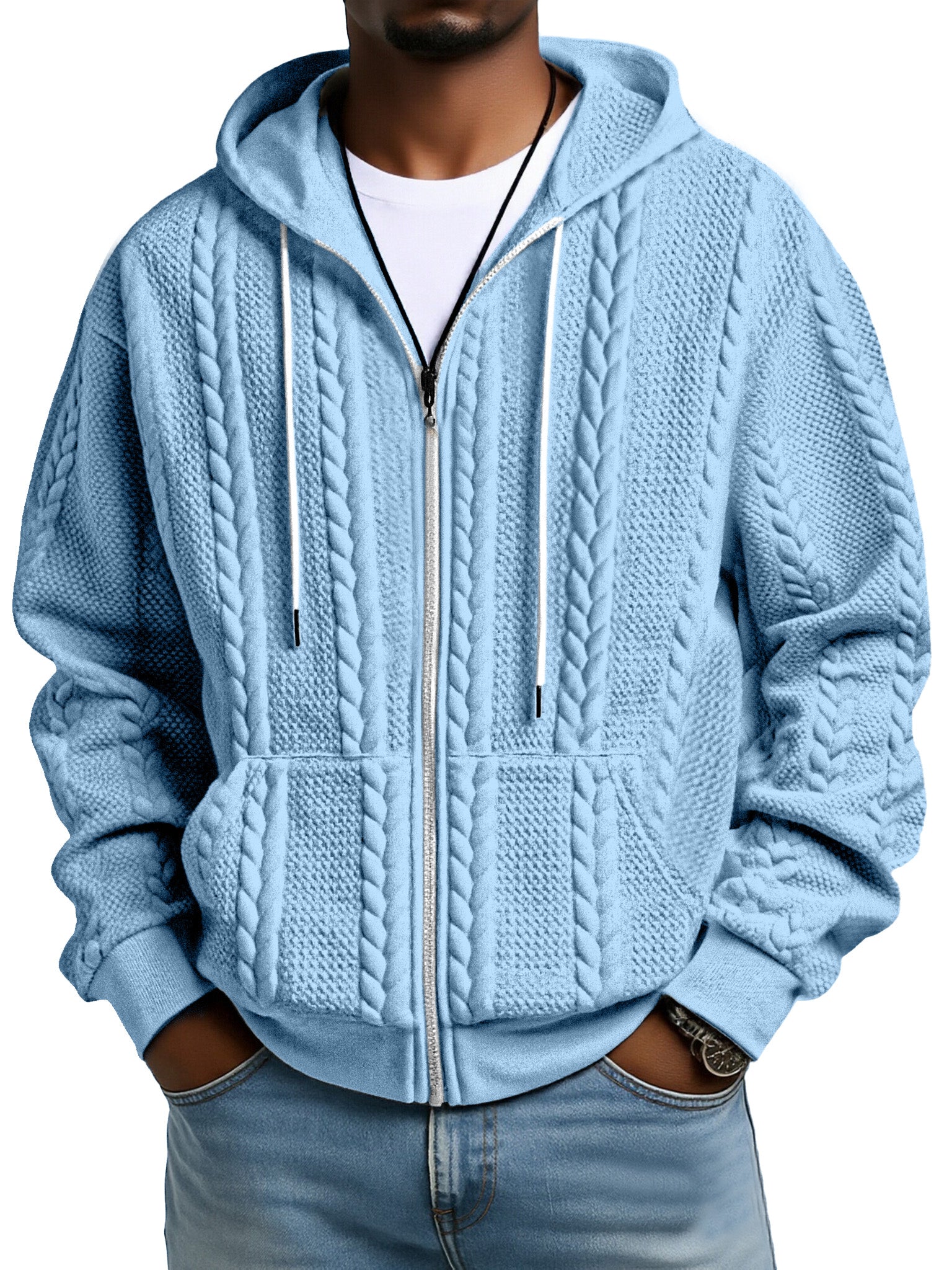 Fashionable Solid Color Twist Texture Hooded Zipper Sweatshirt Jacket