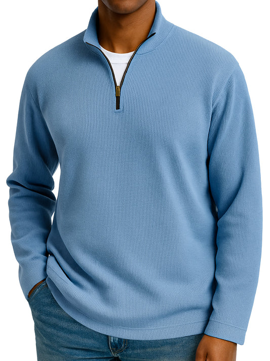 Men's Simple Solid Color Waffle Zipper Stand Collar Long-sleeved Polo Shirt