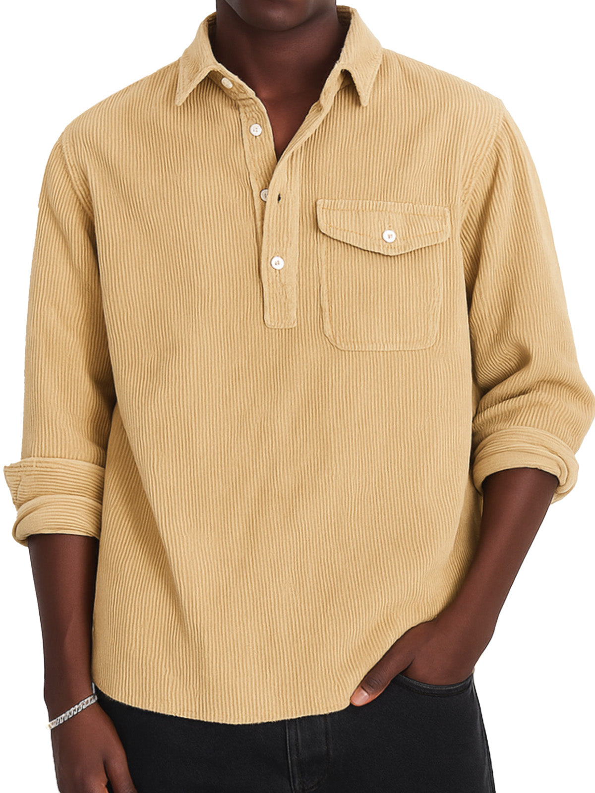 Men's Simple Solid Color Corduroy Lapel Long-sleeved Polo Shirt