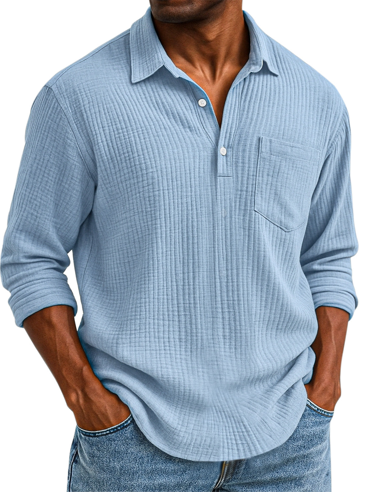 Men's Daily Casual Solid Color Textured Button Long Sleeve Polo Shirt