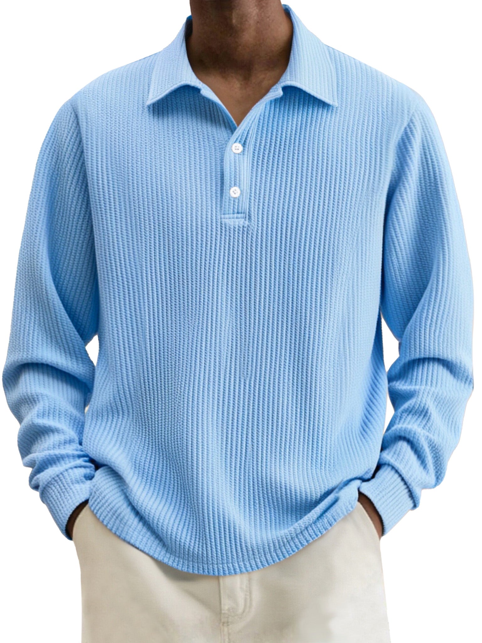Men's Simple Solid Color Textured Lapel Long-sleeved Polo Shirt