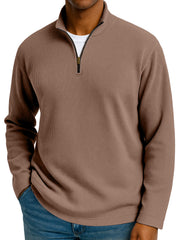 Men's Simple Solid Color Waffle Zipper Stand Collar Long-sleeved Polo Shirt