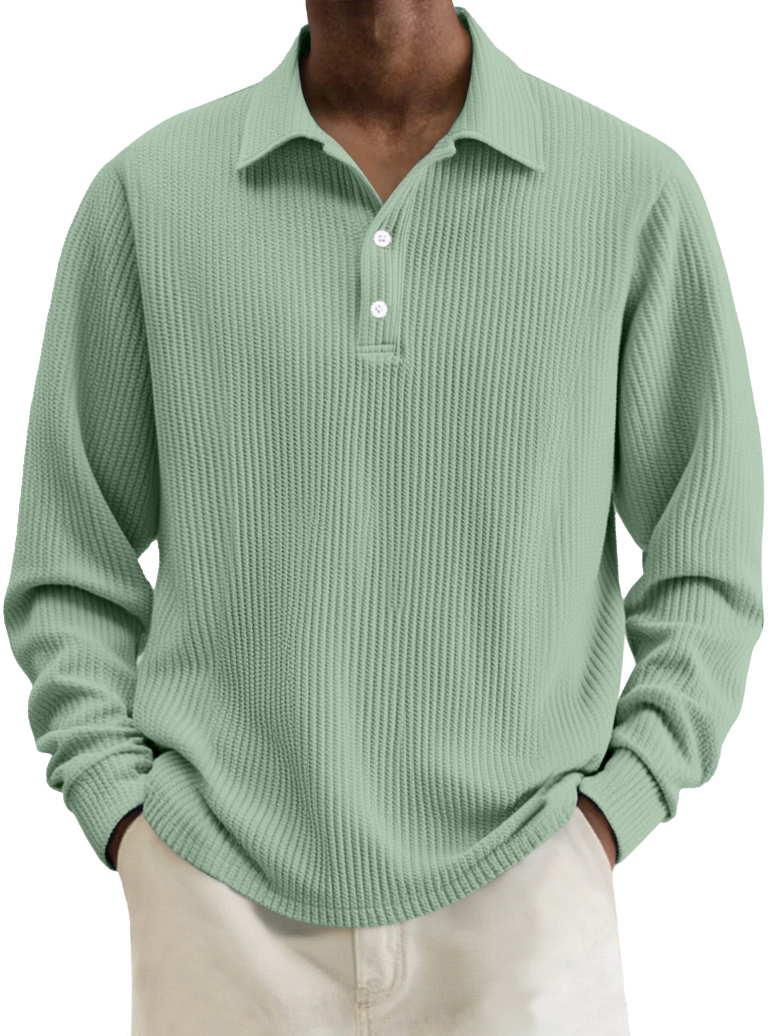 Men's Simple Solid Color Textured Lapel Long-sleeved Polo Shirt