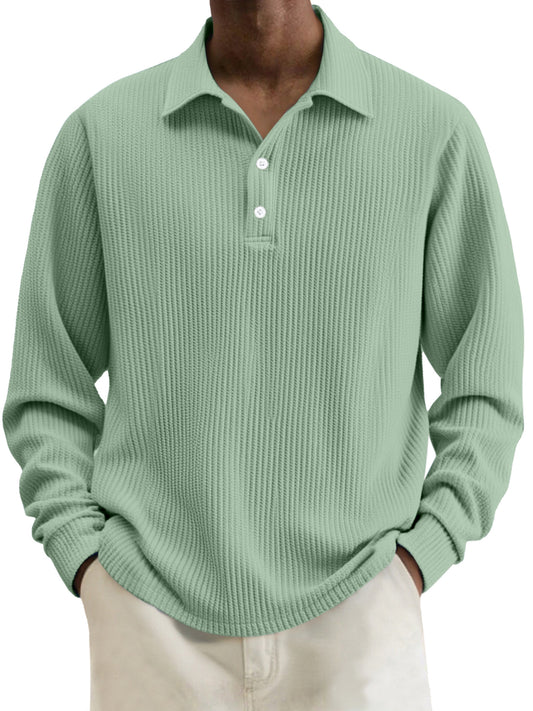 Men's Simple Solid Color Textured Lapel Long-sleeved Polo Shirt