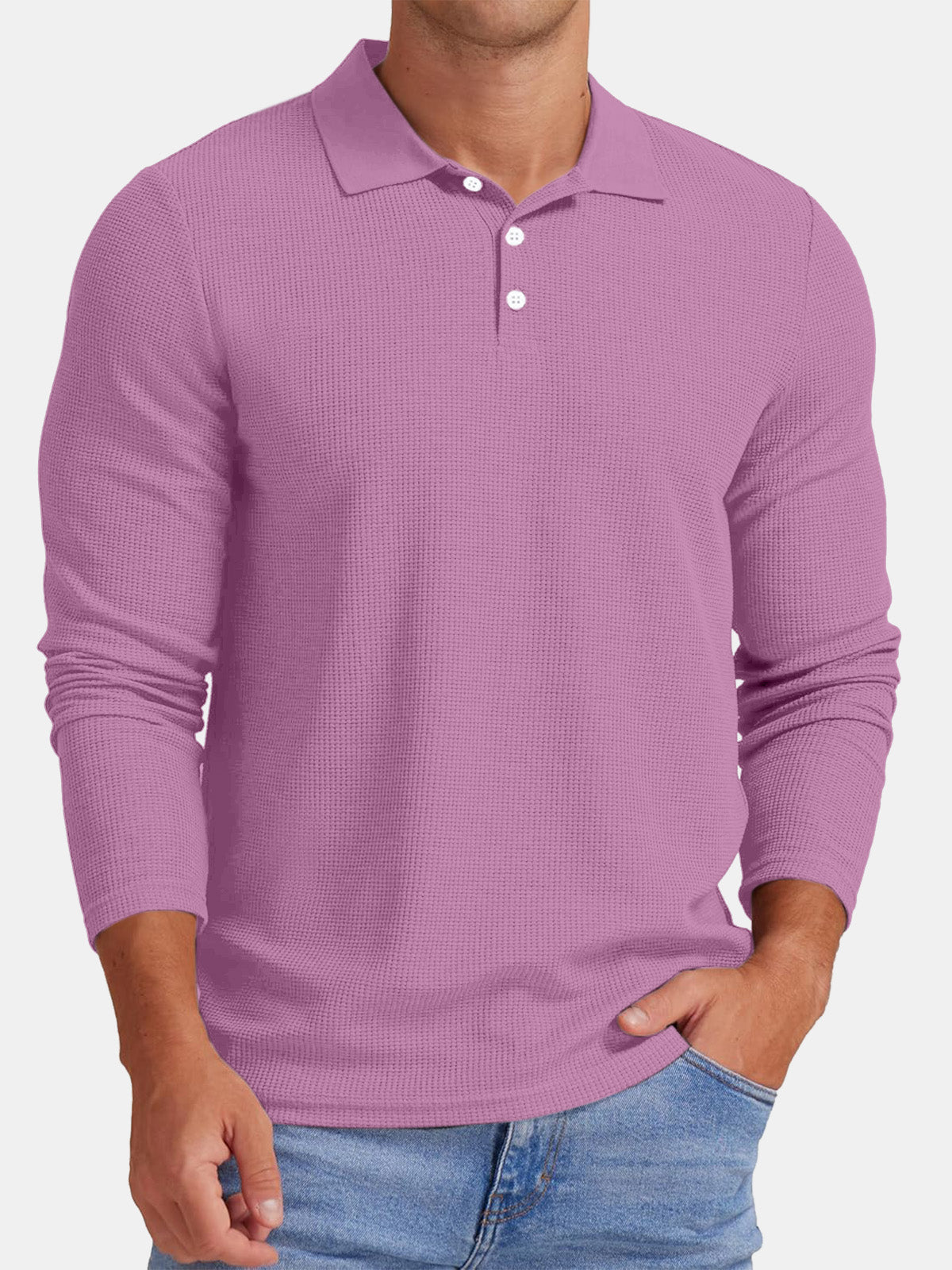 Men's Autumn Comfortable Solid Color Waffle Button Long Sleeve Polo Shirt