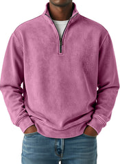 Men's Retro Solid Color Quarter Zip Long Sleeve Polo Shirt