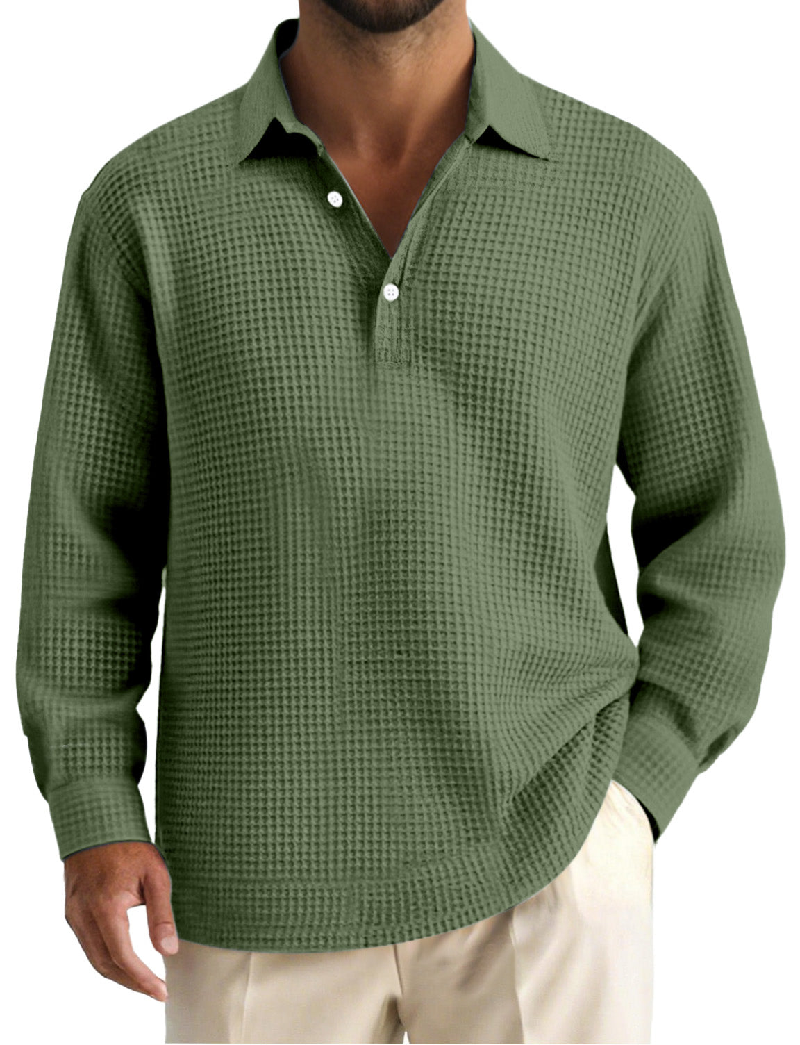 Men's Simple Solid Color Waffle Long Sleeve Polo Shirt