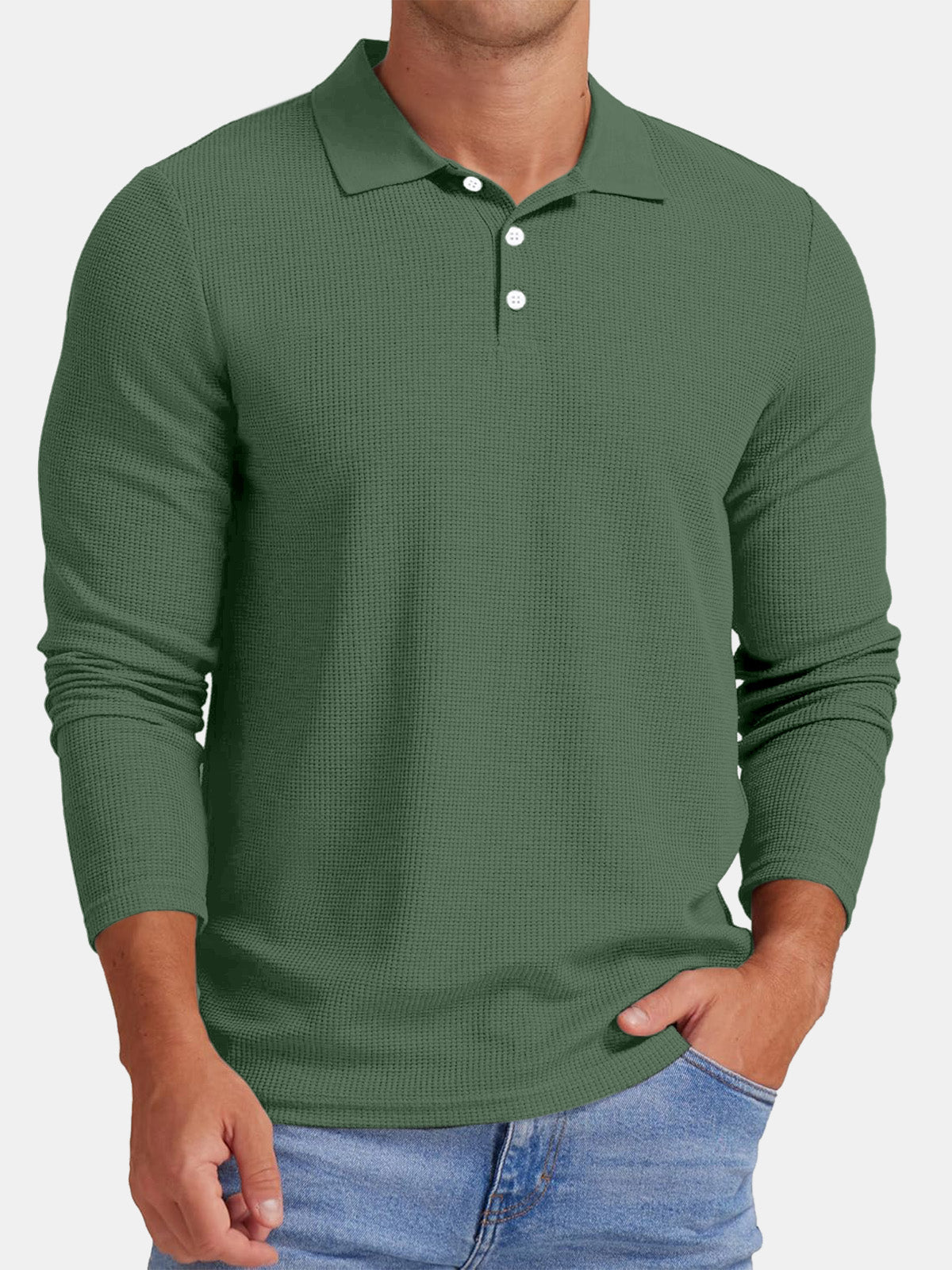 Men's Autumn Comfortable Solid Color Waffle Button Long Sleeve Polo Shirt