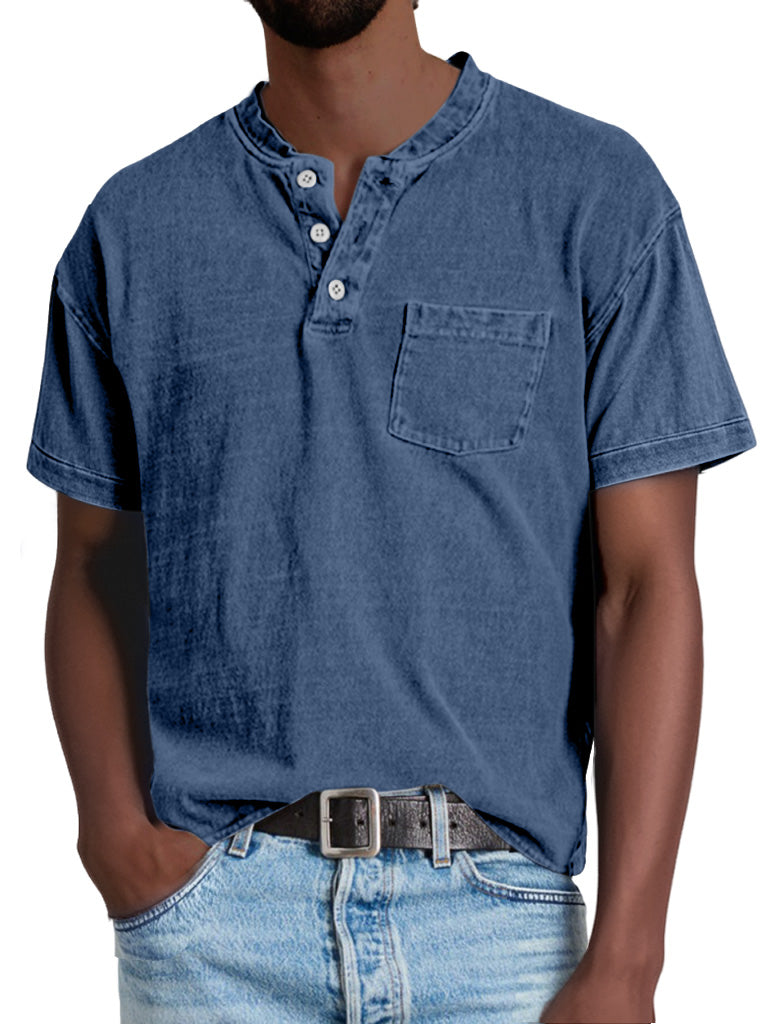 Men's Retro Casual Solid Color Pocket Short Sleeve Henley Shirt