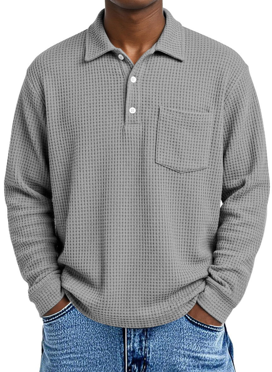 Men's Loose Simple Solid Color Waffle Long Sleeve Lapel Polo Shirt