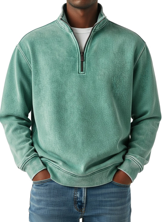 Men's Retro Solid Color Quarter Zip Long Sleeve Polo Shirt