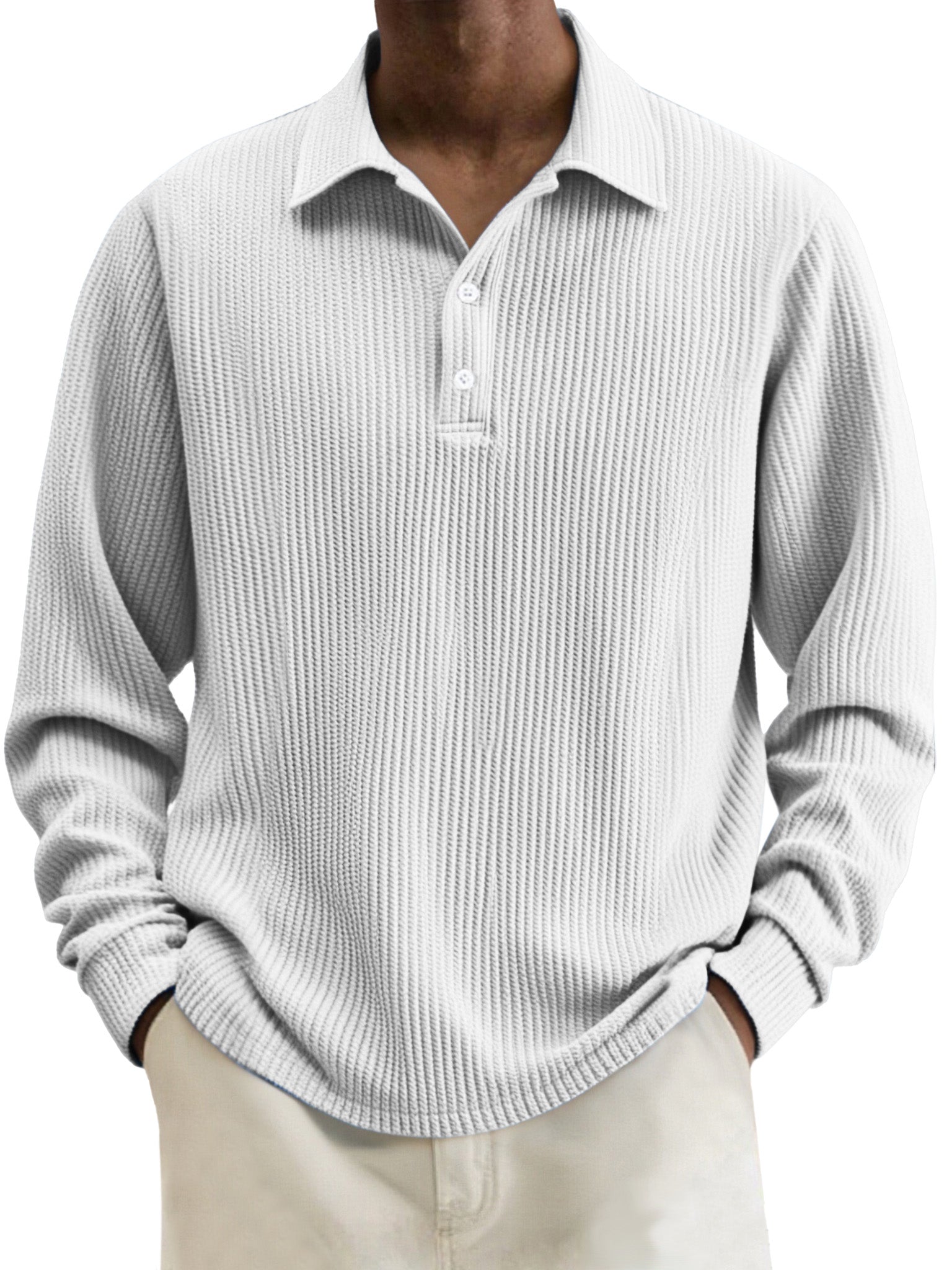 Men's Simple Solid Color Textured Lapel Long-sleeved Polo Shirt