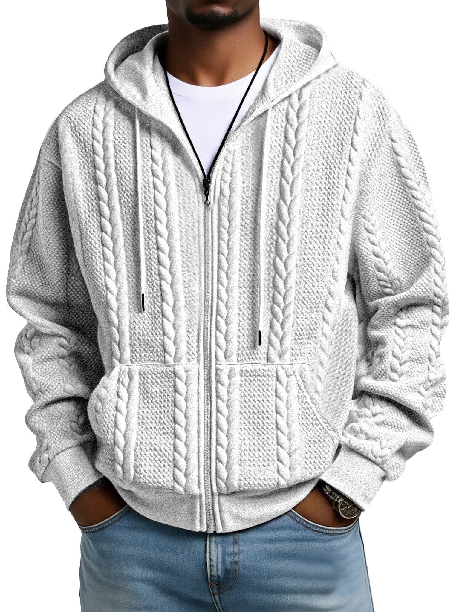 Fashionable Solid Color Twist Texture Hooded Zipper Sweatshirt Jacket