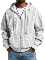 Fashionable Solid Color Twist Texture Hooded Zipper Sweatshirt Jacket
