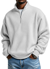Men's Daily Loose And Simple Waffle Half-zip Stand Collar Long-sleeved Polo Shirt