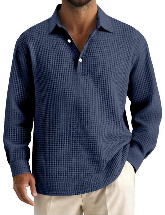 Men's Simple Solid Color Waffle Long Sleeve Polo Shirt
