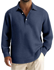 Men's Simple Solid Color Waffle Long Sleeve Polo Shirt