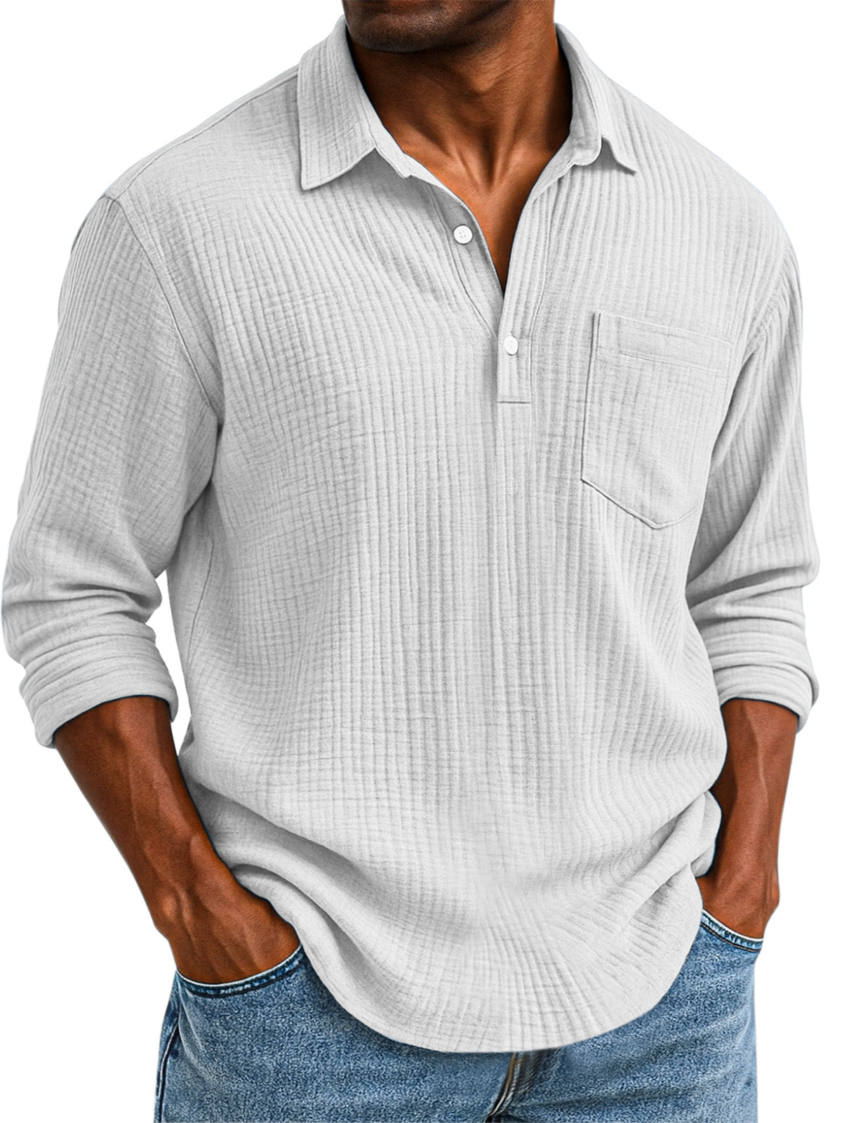 Men's Daily Casual Solid Color Textured Button Long Sleeve Polo Shirt