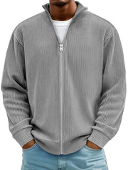 Men's Simple Ribbed Textured Stand Collar Zipper Loose Jacket