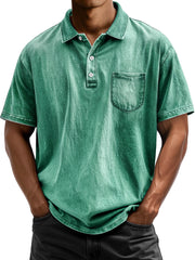 Men's Vintage Cotton Washed Distressed Lapel Pocket Short Sleeve POLO Shirt