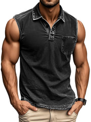 Men's Fashion Daily Distressed Fabric Pocket Sleeveless Polo Shirt 
