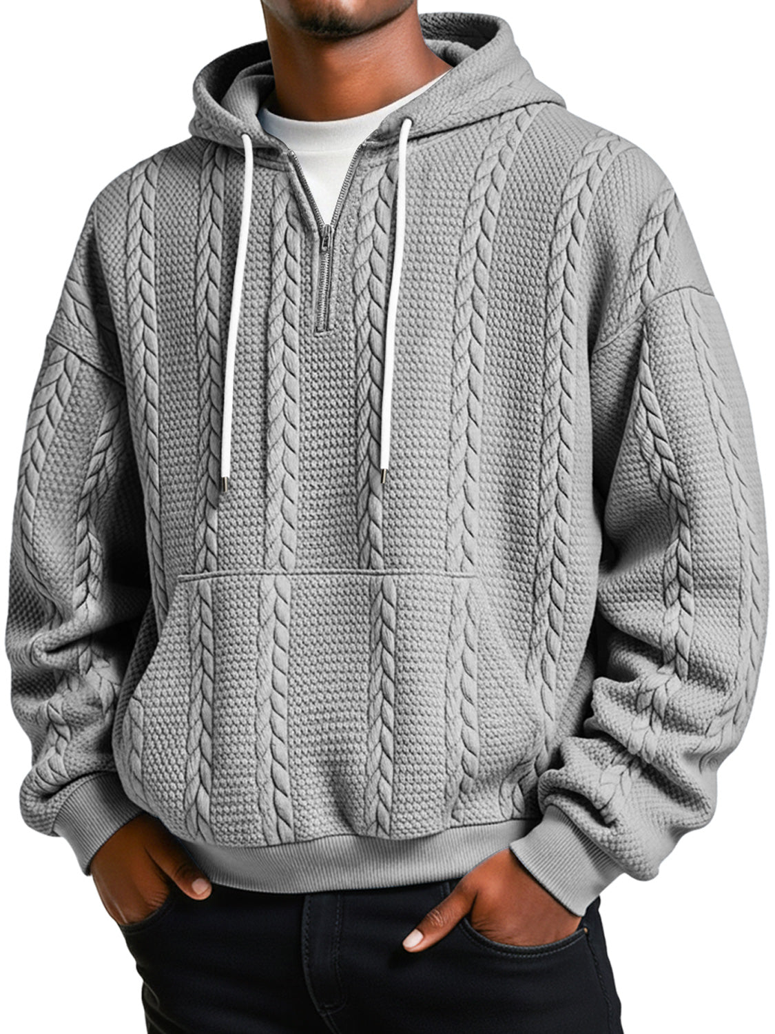 Men's Jacquard Texture Casual Zipper Hooded Loose Sweatshirt