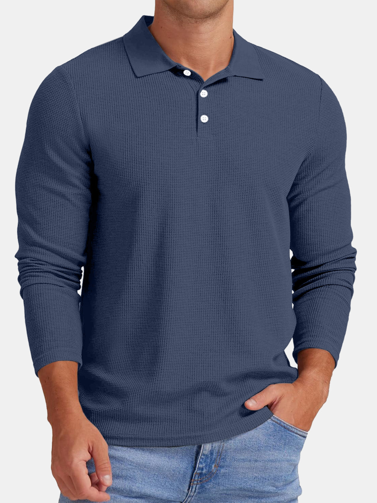Men's Autumn Comfortable Solid Color Waffle Button Long Sleeve Polo Shirt