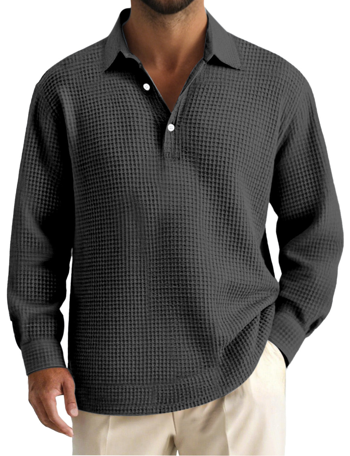 Men's Simple Solid Color Waffle Long Sleeve Polo Shirt